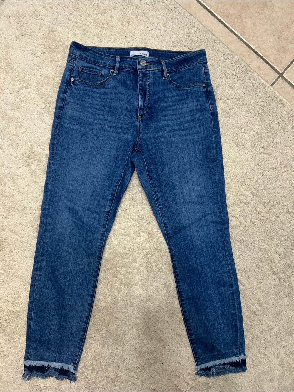 LOFT Dark Blue Cropped Skinny Jeans with Frayed Hem